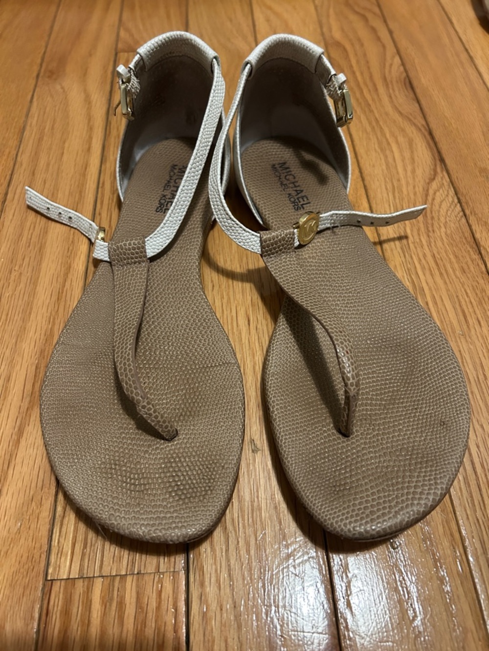Michael Kors Beige Tan and White T-Strap Sandals